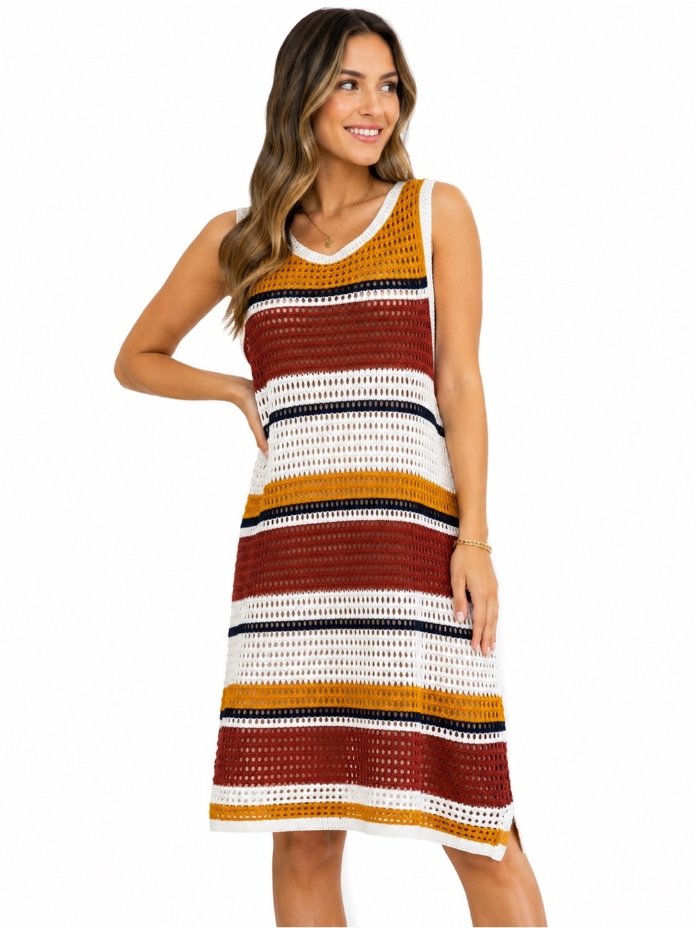 Nine West Women’s XXL Crochet Knit Striped Cotton Sleeveless Midi Dress